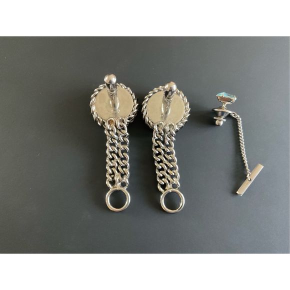 Aquamarine Tone Silver-Toned Chainlink Bold Cufflinks and Tie Pin - Picture 3 of 4